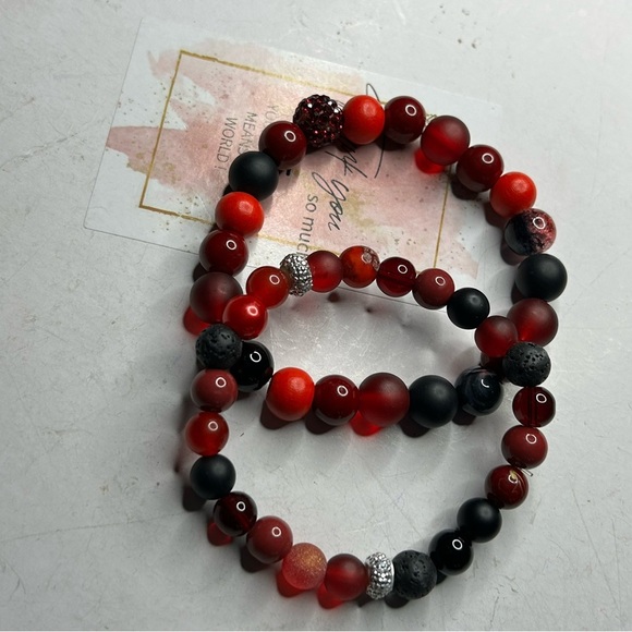 Red Agate & Lava Stone Bracelet Set - Picture 3 of 3